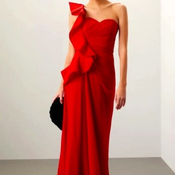 Badgley Mischka Botanical Leaf One-Shoulder Poppy Red Georgette Gown - Picture 1 of 2